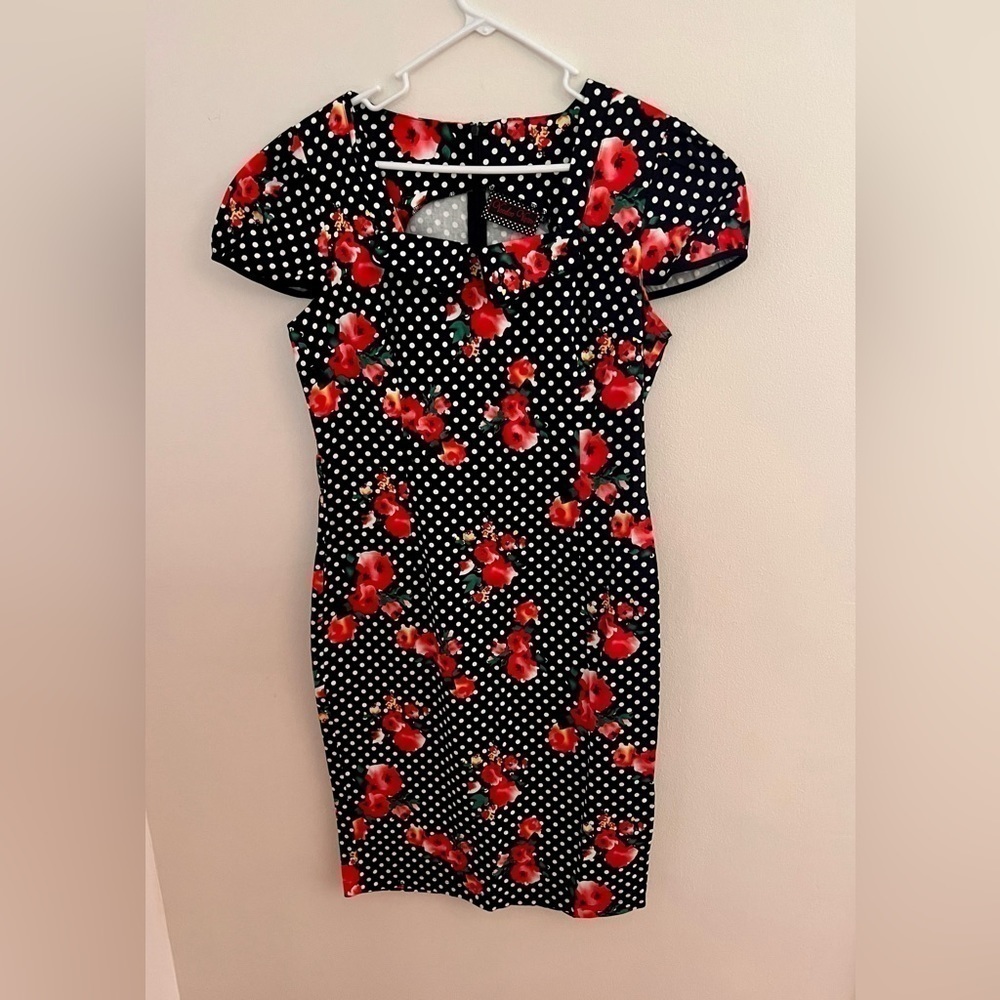VOODOO VIXEN Size XL Black Red Polka Dot Floral PIN UP Wiggle ROCKABILLY DRESS